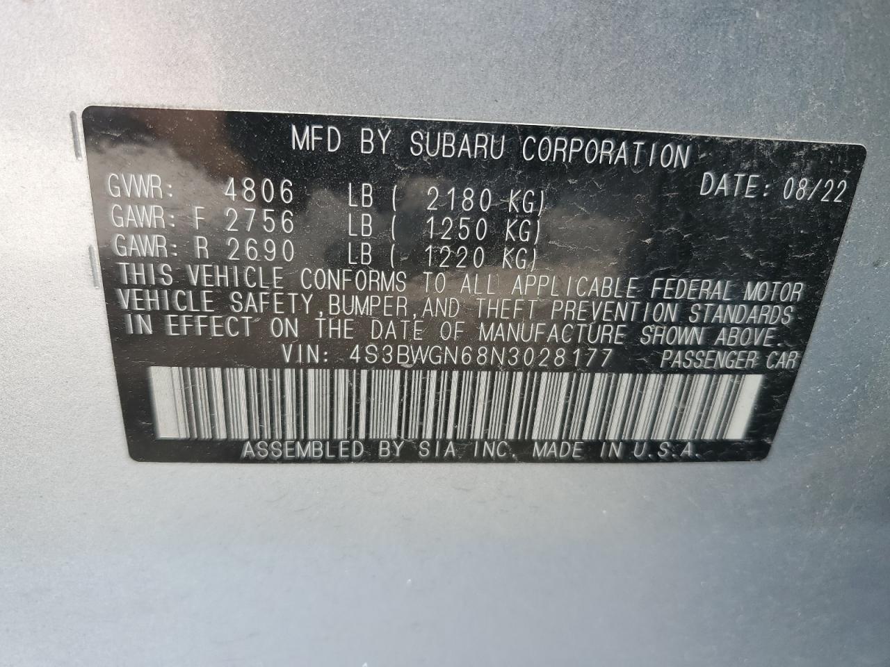 2022 SUBARU LEGACY LIMITED XT VIN:4S3BWGN68N3028177