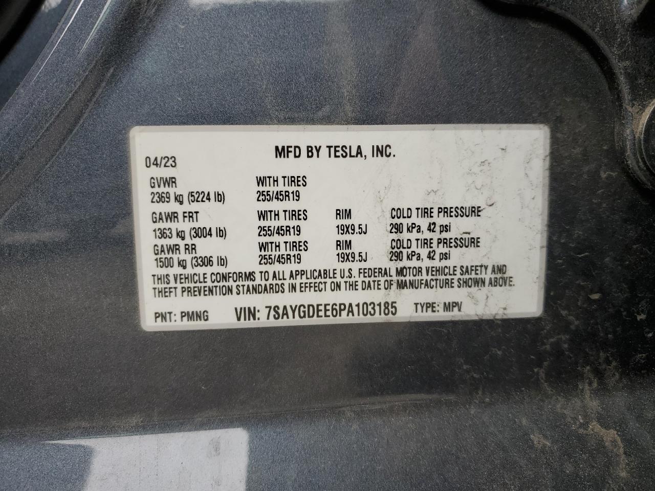 2023 TESLA MODEL Y  VIN:7SAYGDEE6PA103185