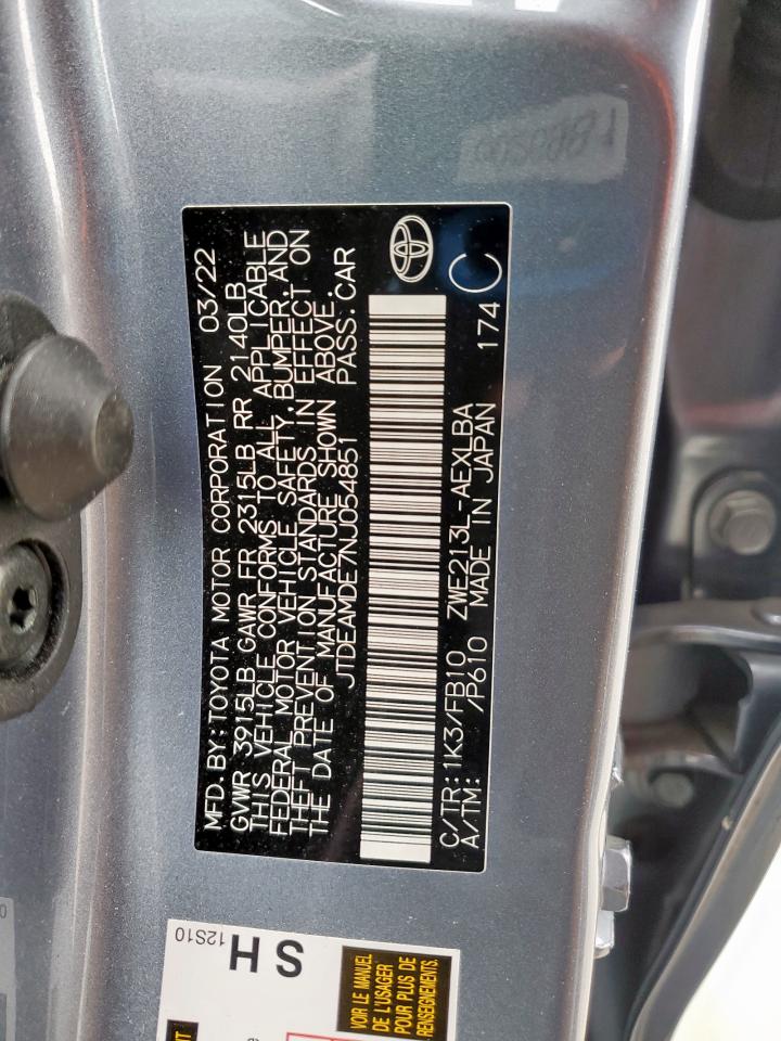 2022 TOYOTA COROLLA LE VIN:JTDEAMDE7NJ054851