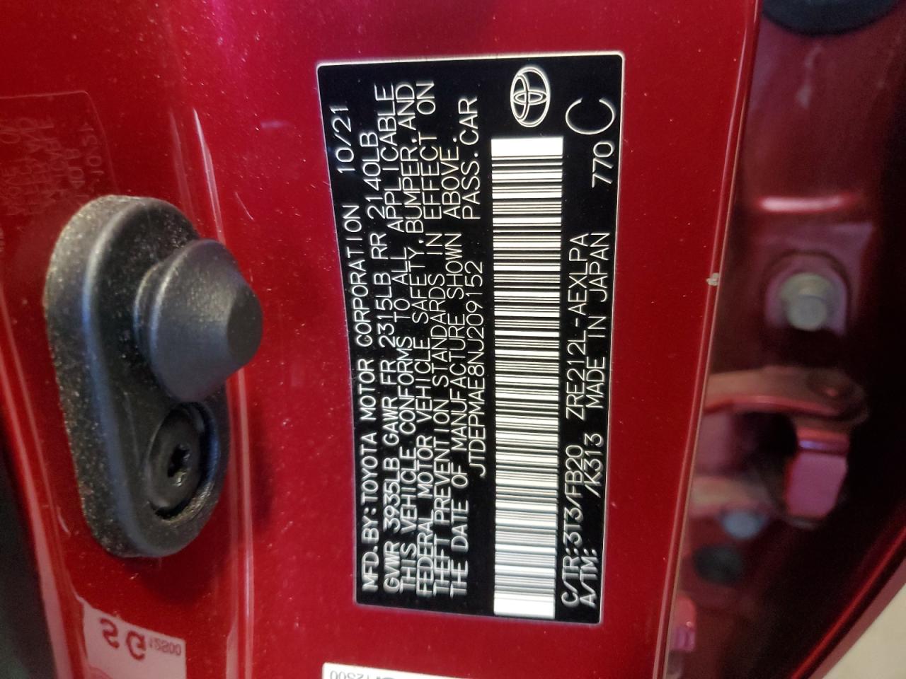 2022 TOYOTA COROLLA LE VIN:JTDEPMAE8NJ209152
