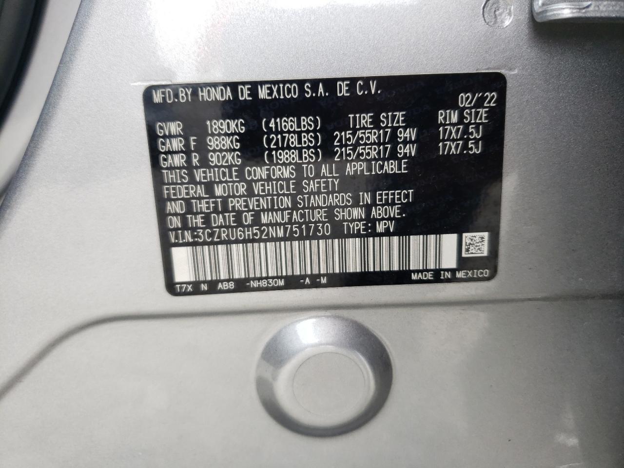 2022 HONDA HR-V EX VIN:3CZRU6H52NM751730