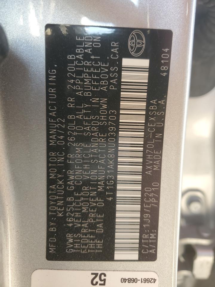 2022 TOYOTA CAMRY NIGHT SHADE VIN:4T1G31AK8NU039703