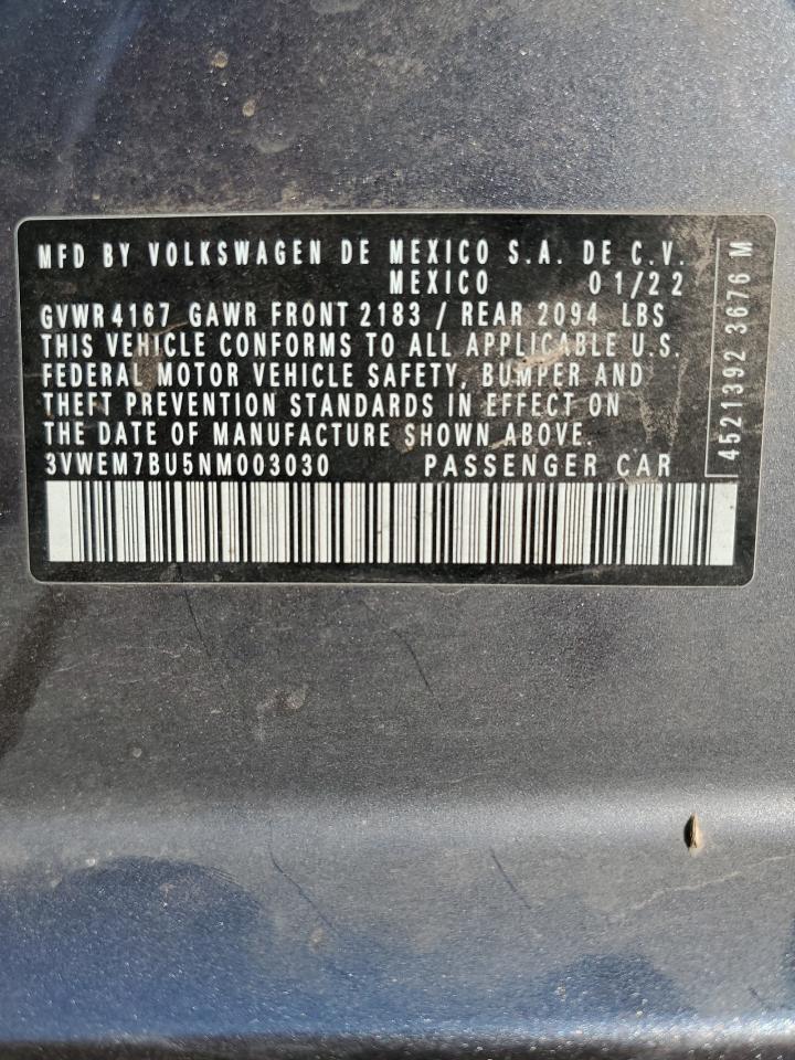 2022 VOLKSWAGEN JETTA SE VIN:3VWEM7BU5NM003030