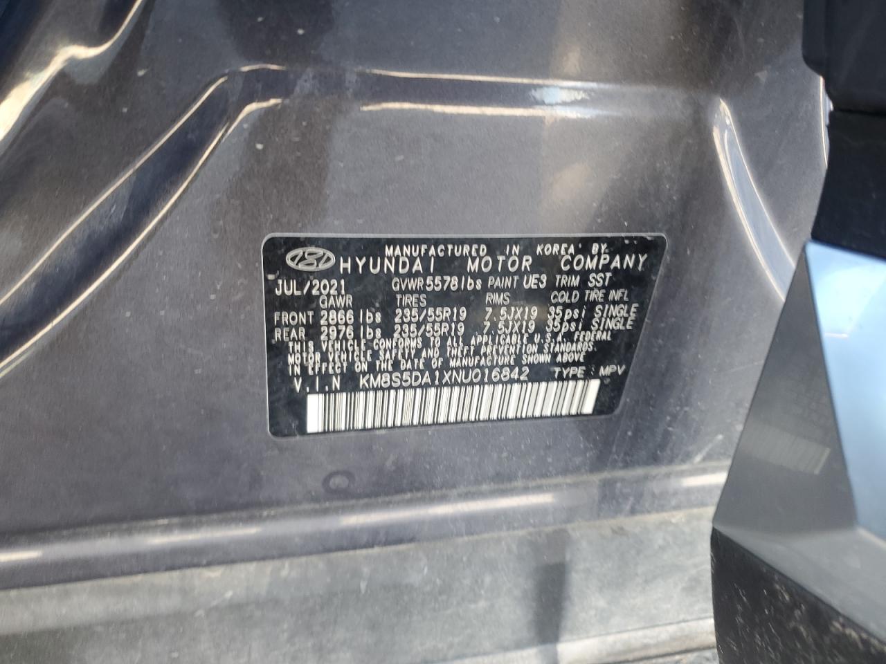 2022 HYUNDAI SANTA FE LIMITED VIN:KM8S5DA1XNU016842