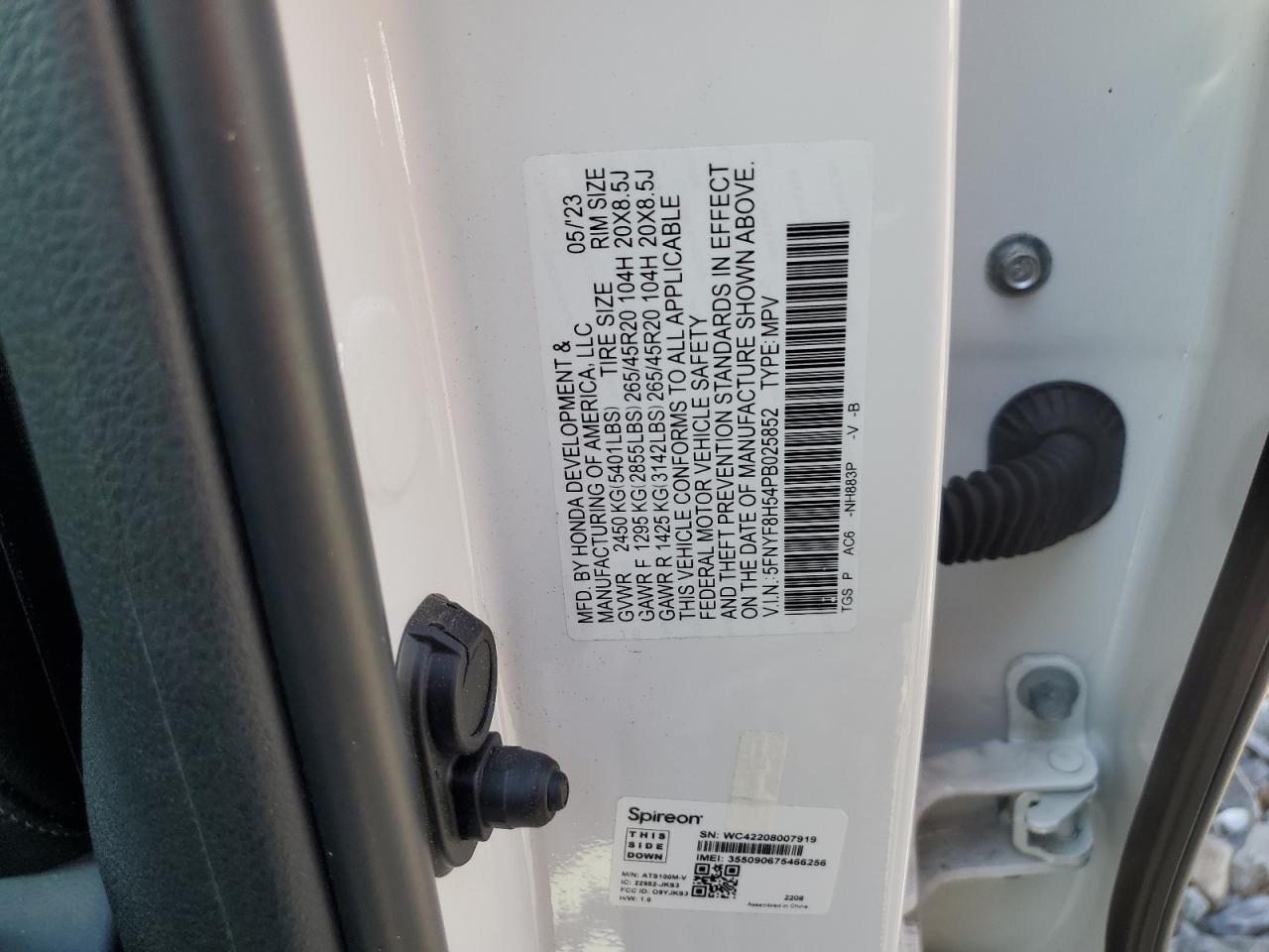 2023 HONDA PASSPORT EXL VIN:5FNYF8H54PB025852