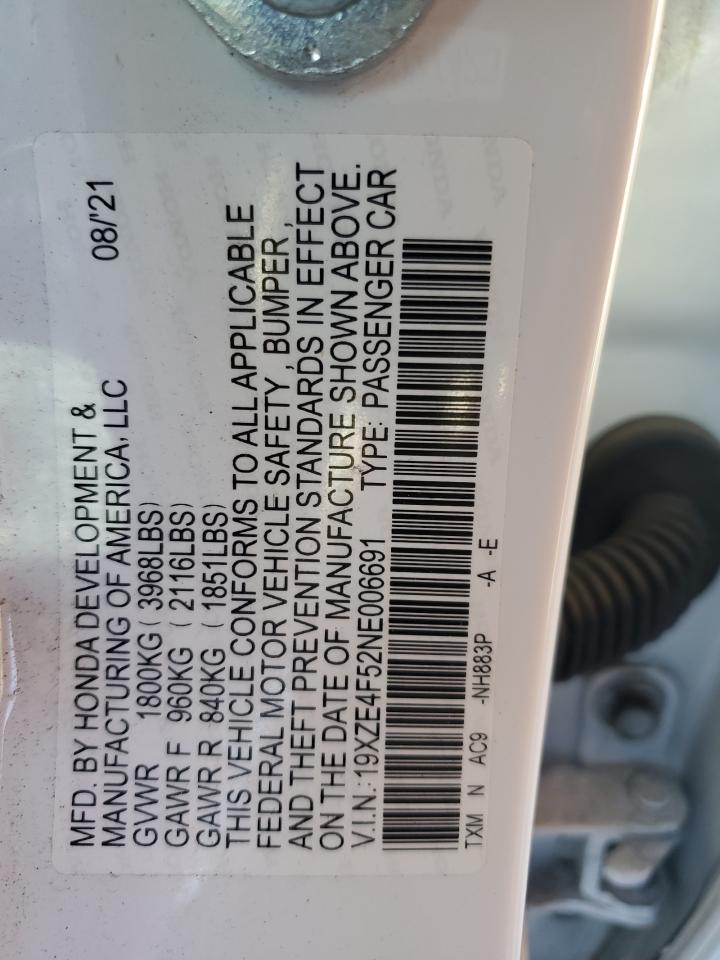 2022 HONDA INSIGHT EX VIN:19XZE4F52NE006691