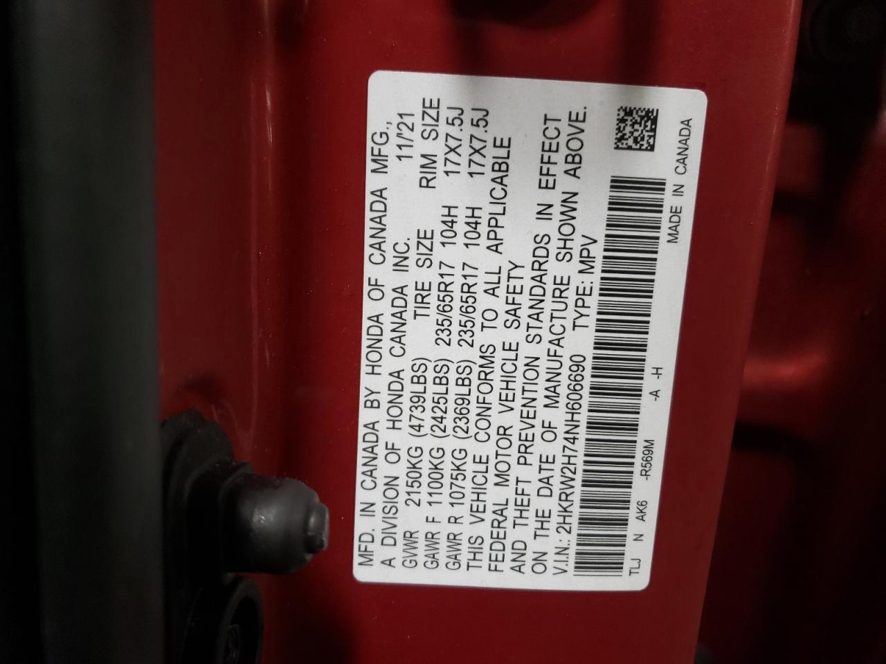 2022 HONDA CR-V SE VIN:2HKRW2H74NH606690