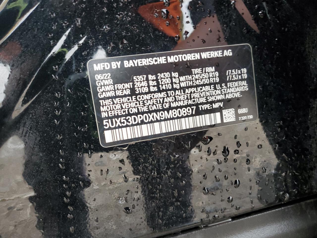 2022 BMW X3 XDRIVE30I VIN:5UX53DP0XN9M80897