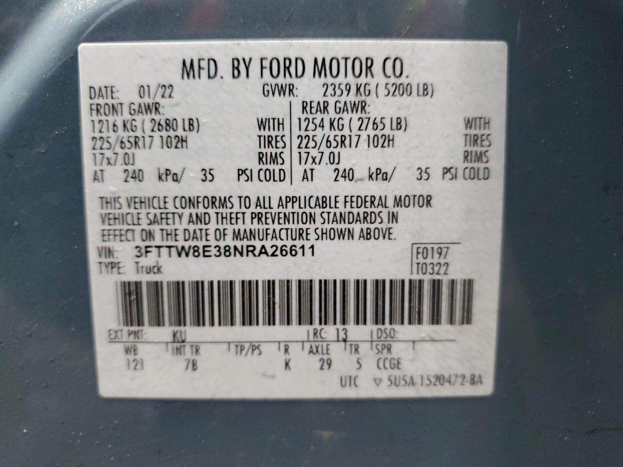 2022 FORD MAVERICK XL VIN:3FTTW8E38NRA26611
