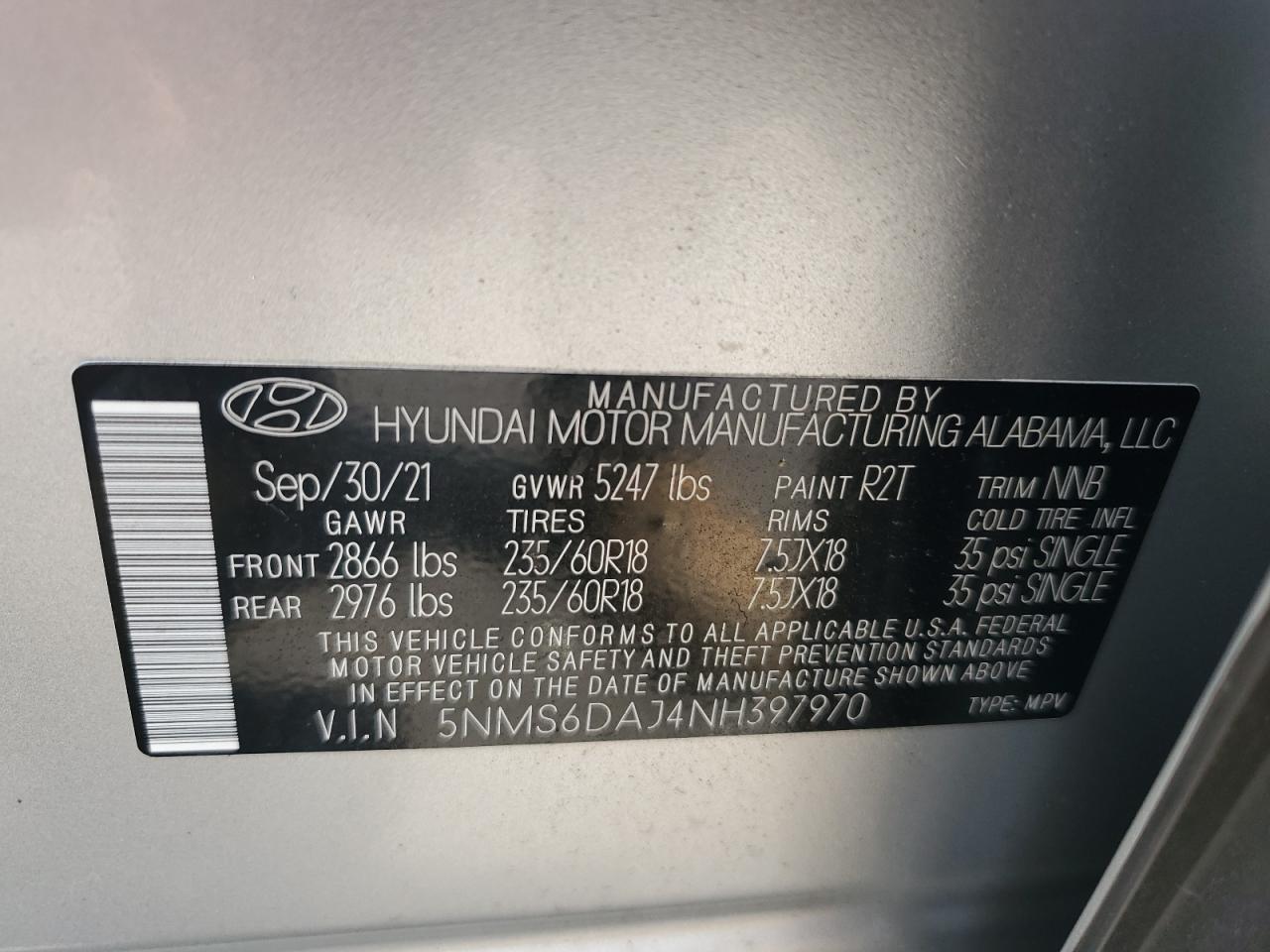 2022 HYUNDAI SANTA FE SEL VIN:5NMS6DAJ4NH397970