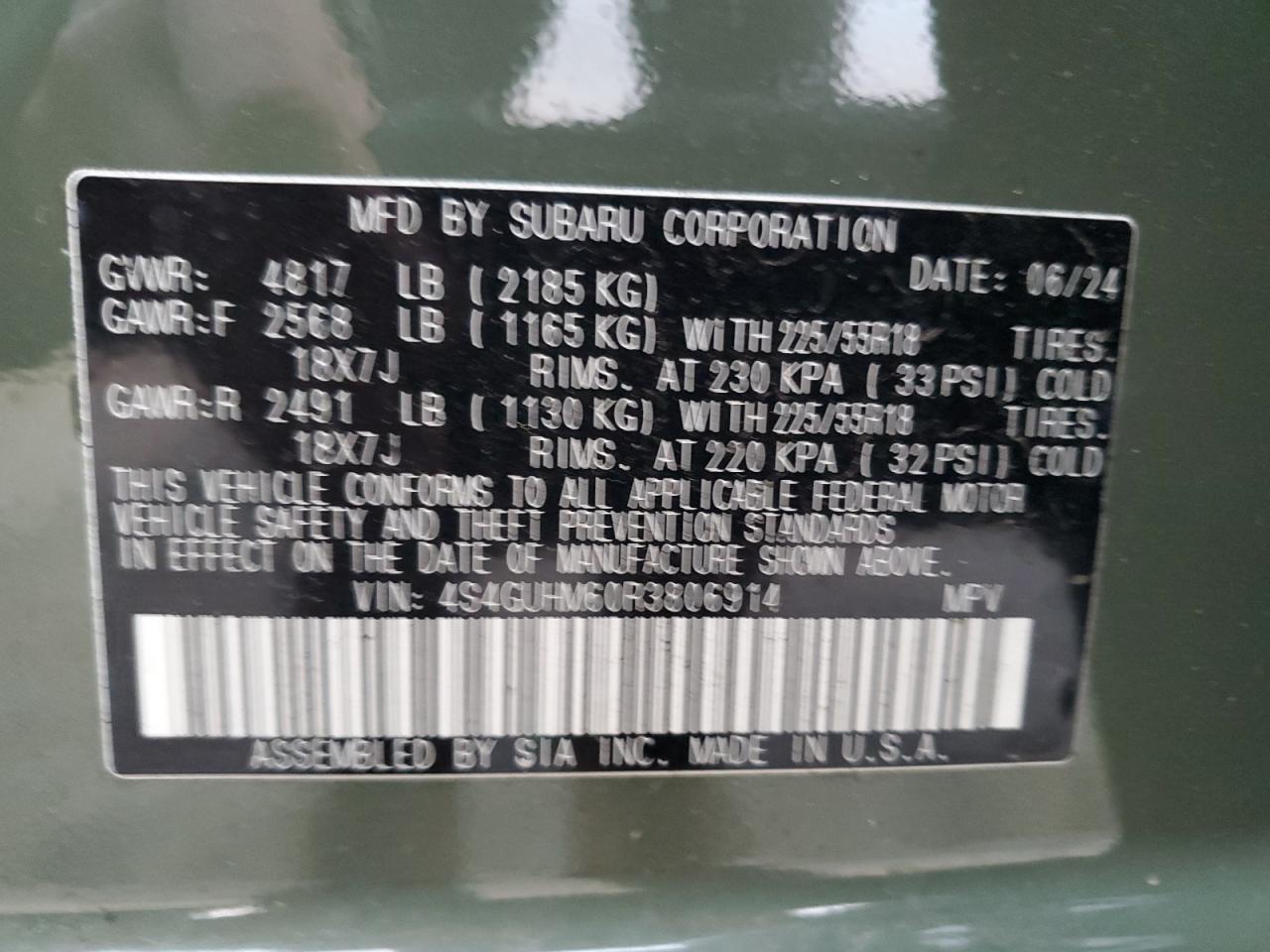 2024 SUBARU CROSSTREK LIMITED VIN:4S4GUHM60R3806914