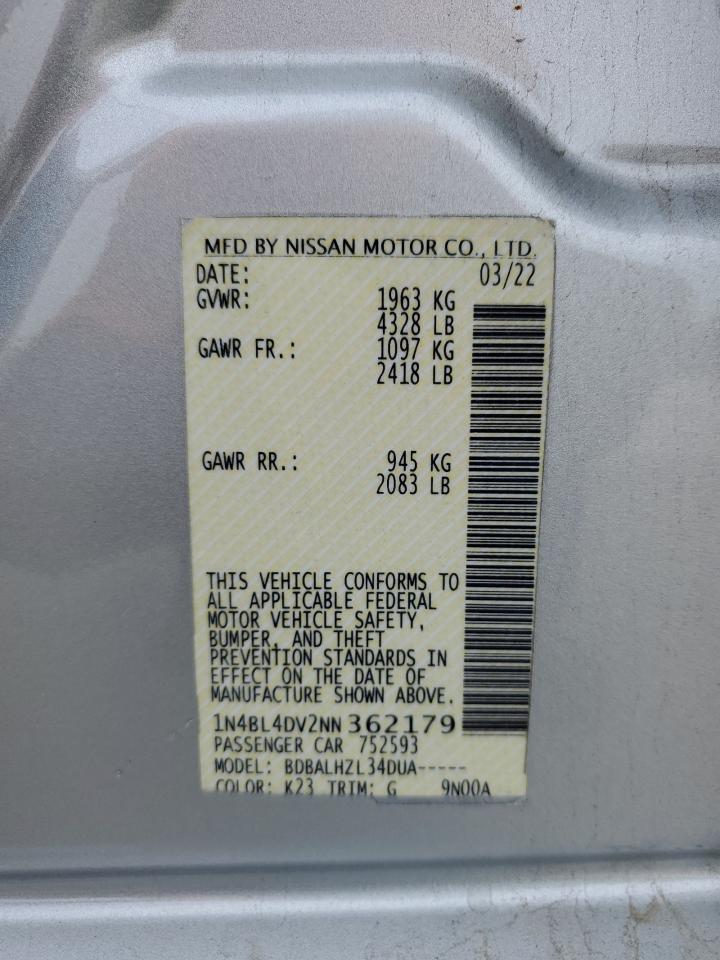 2022 NISSAN ALTIMA SV VIN:1N4BL4DV2NN362179