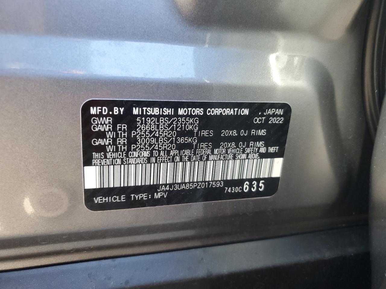 2023 MITSUBISHI OUTLANDER SE VIN:JA4J3UA85PZ017593