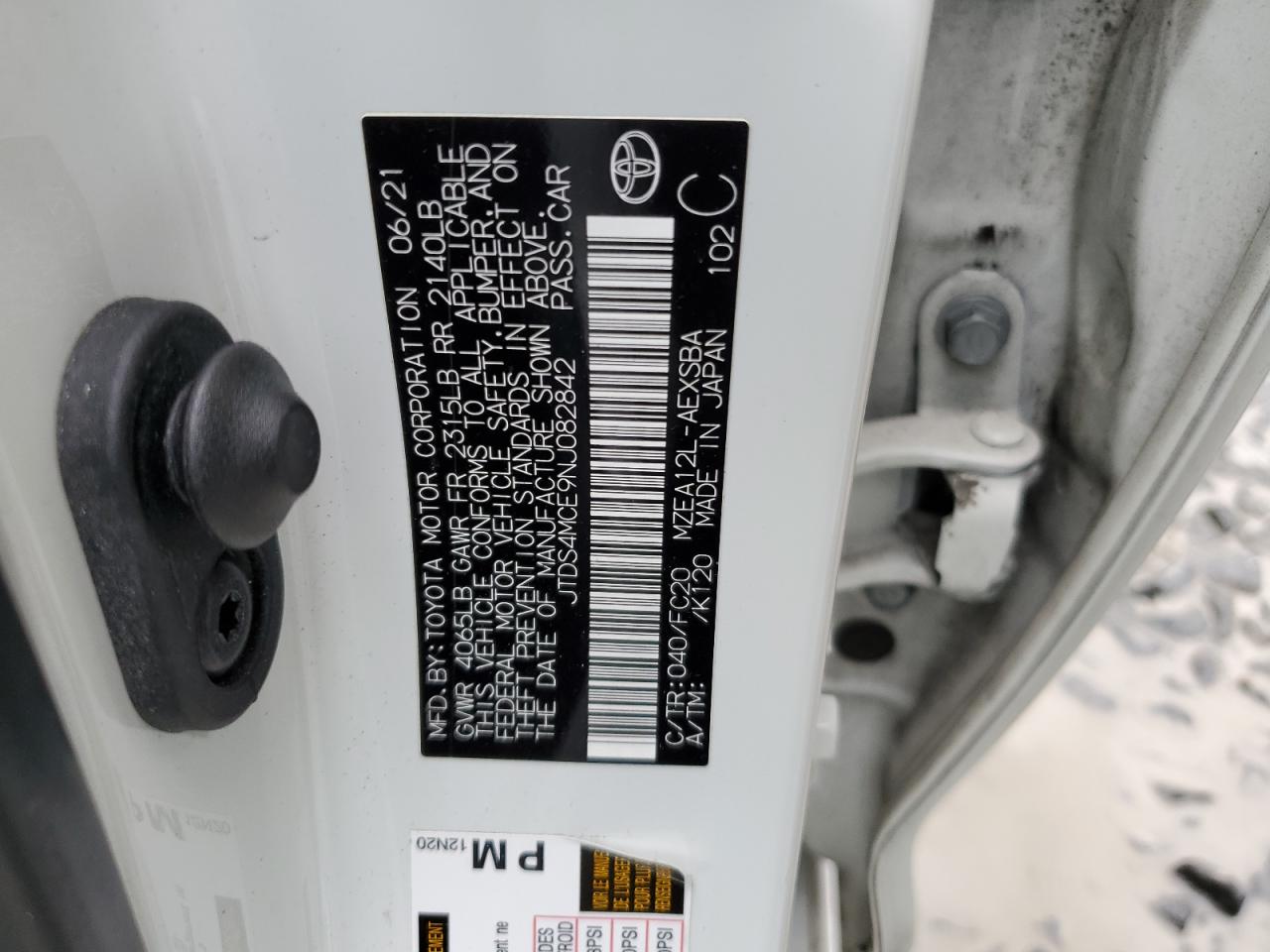 2022 TOYOTA COROLLA SE VIN:JTDS4MCE9NJ082842