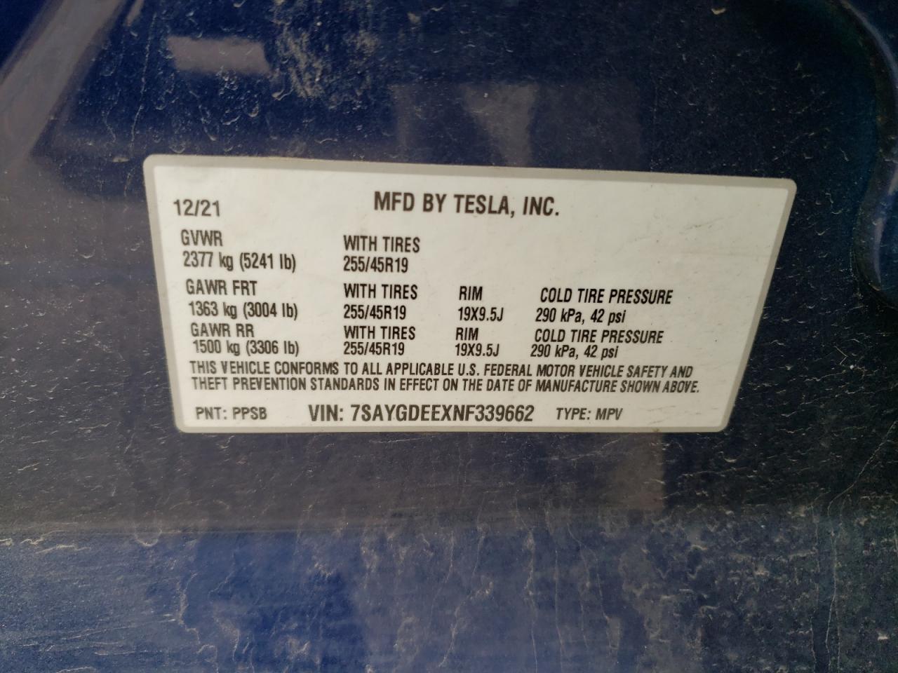 2022 TESLA MODEL Y  VIN:7SAYGDEEXNF339662