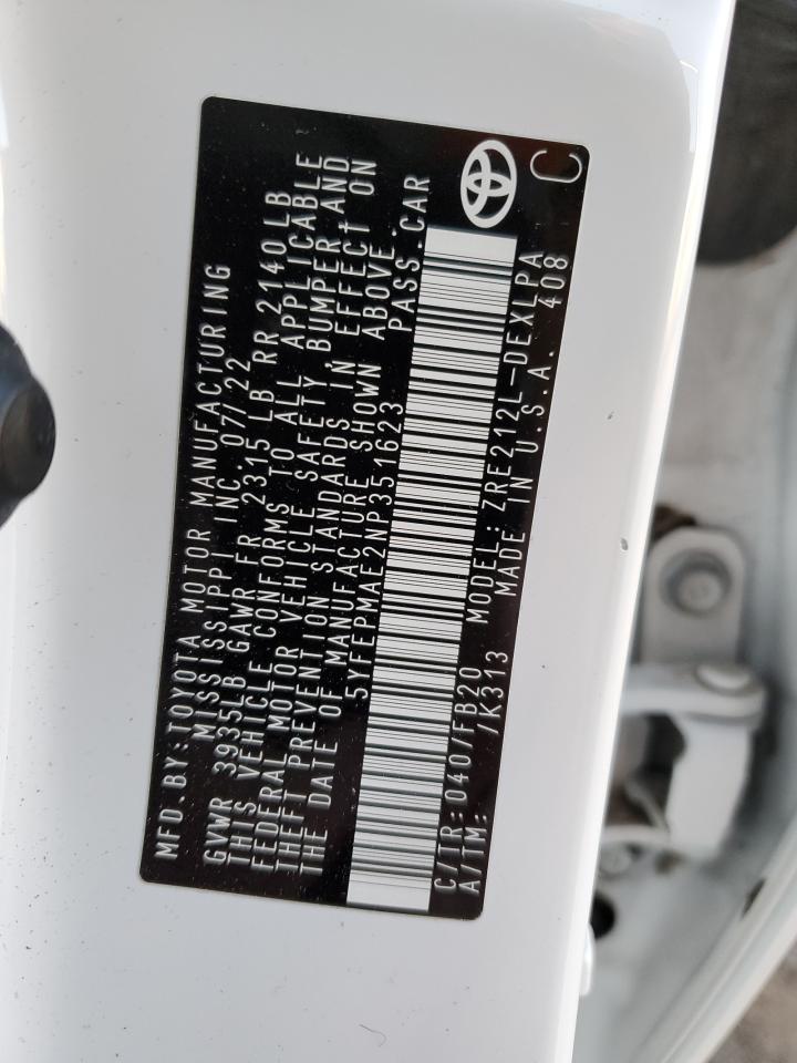 2022 TOYOTA COROLLA LE VIN:5YFEPMAE2NP351623