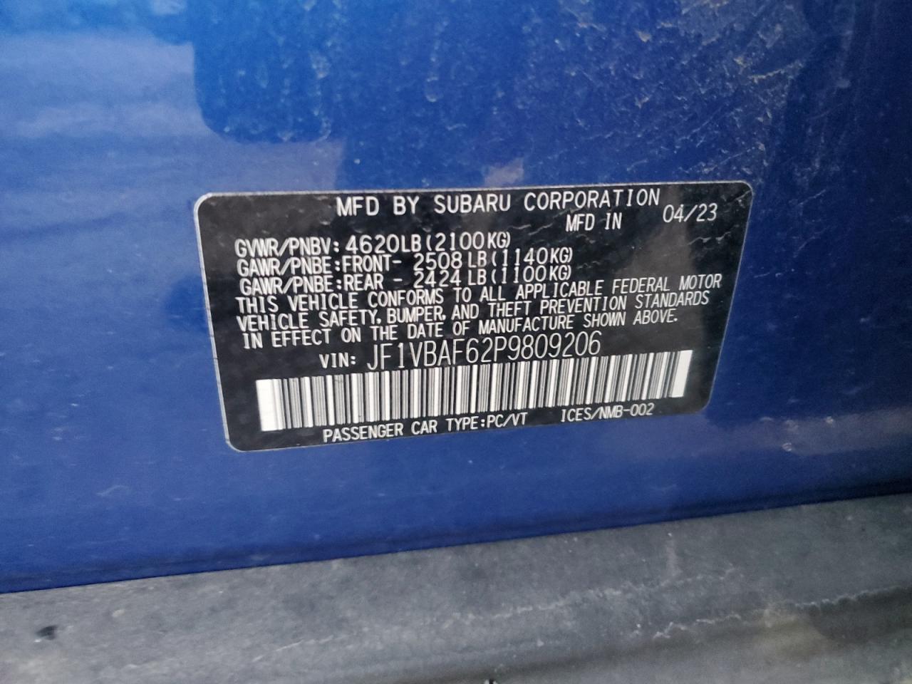 2023 SUBARU WRX PREMIUM VIN:JF1VBAF62P9809206