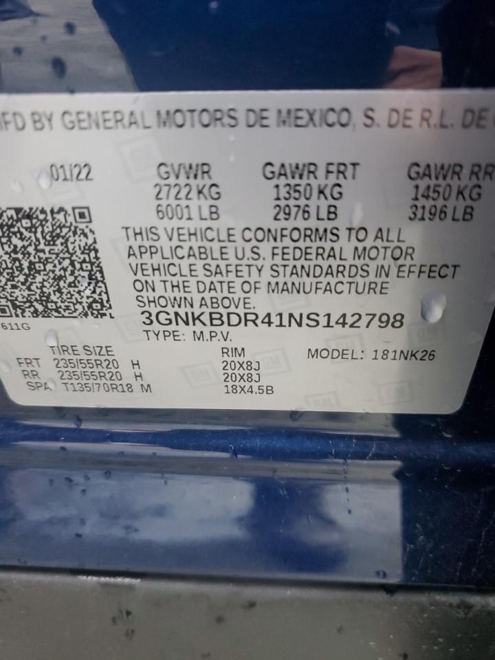 2022 CHEVROLET BLAZER 3LT VIN:3GNKBDR41NS142798