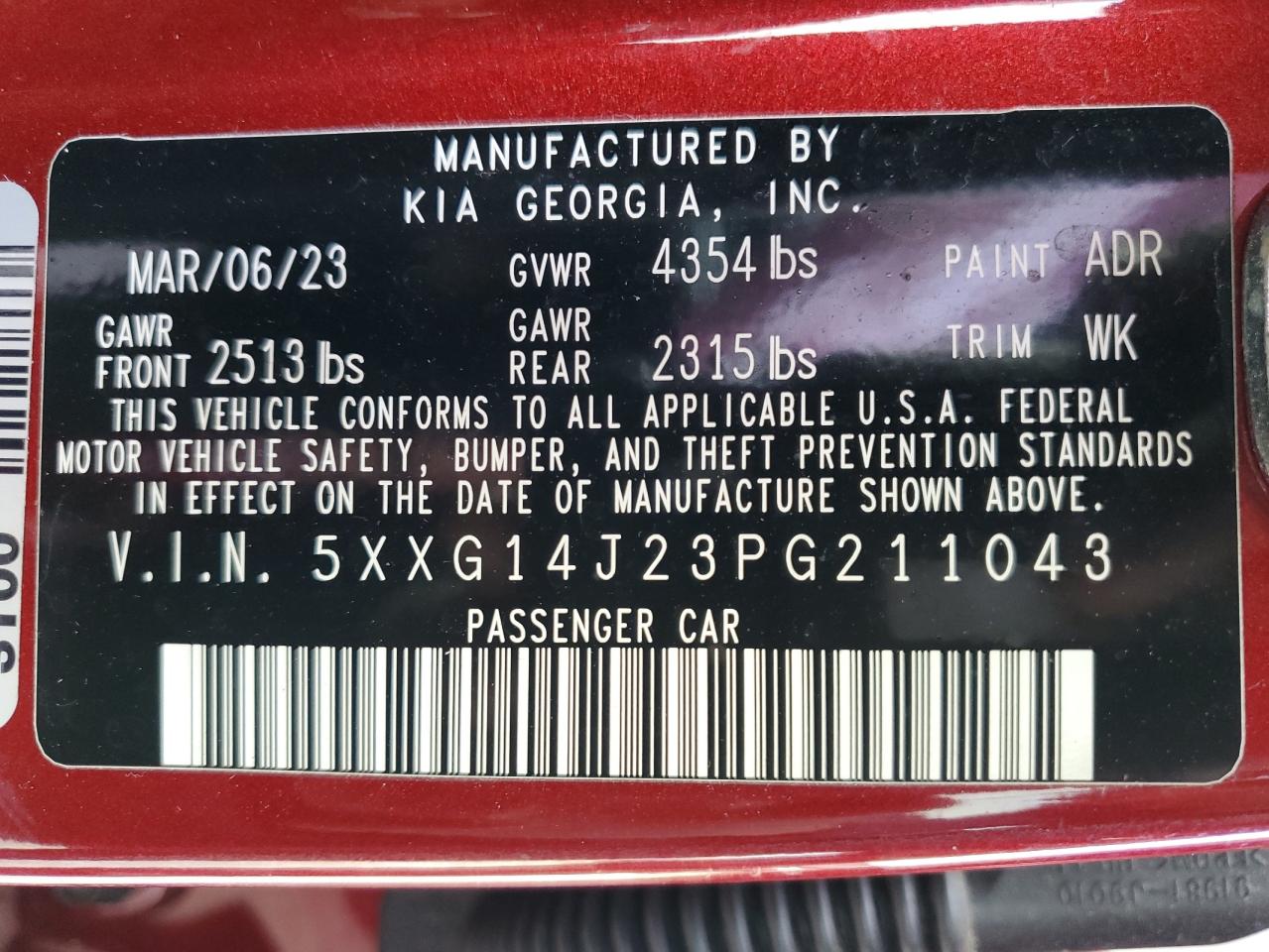 2023 KIA K5 LXS VIN:5XXG14J23PG211043