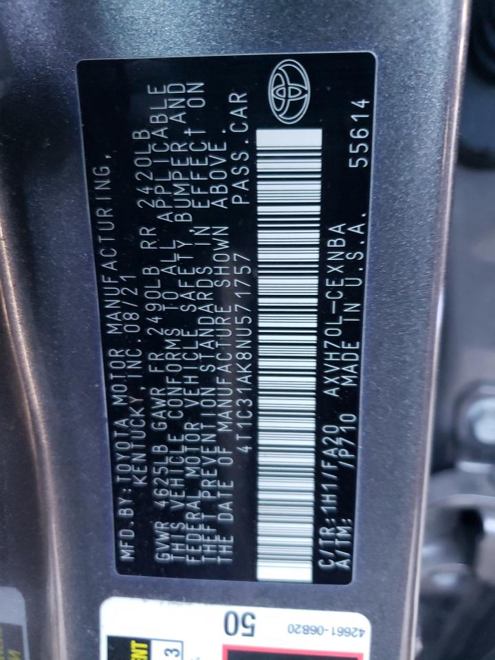 2022 TOYOTA CAMRY LE VIN:4T1C31AK8NU571757