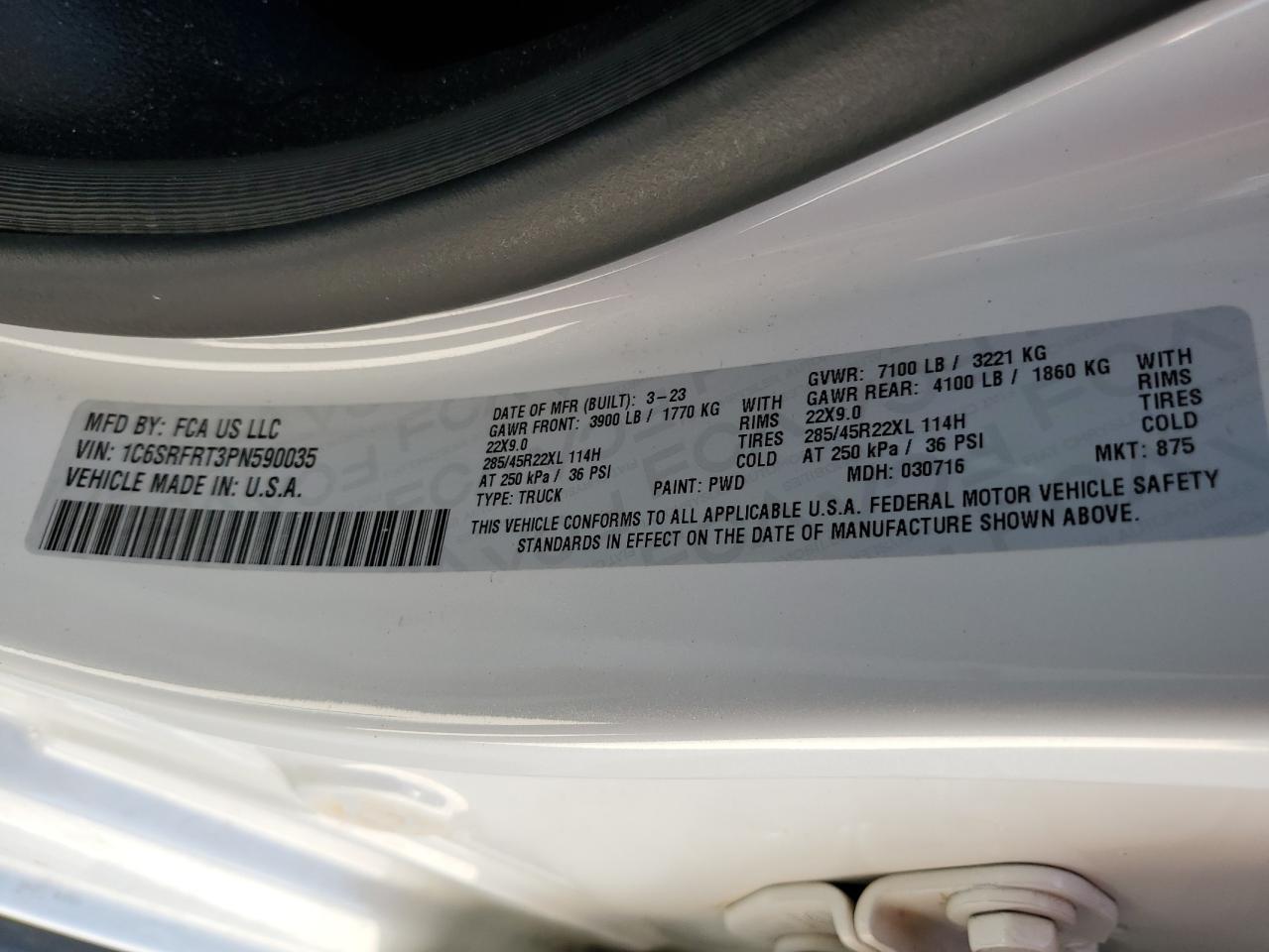 2023 RAM 1500 LARAMIE VIN:1C6SRFRT3PN590035