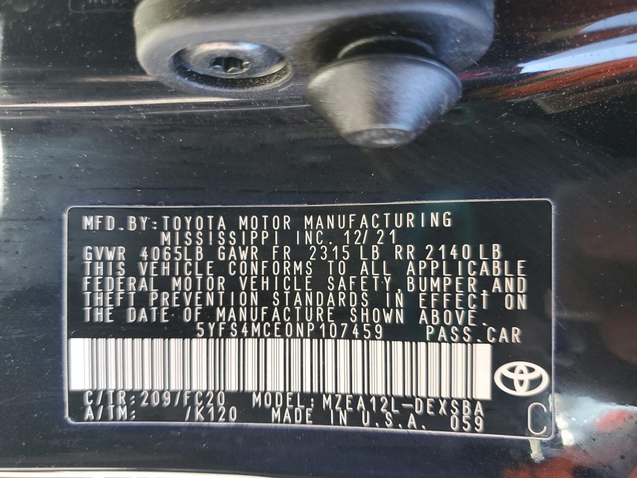 2022 TOYOTA COROLLA SE VIN:5YFS4MCE0NP107459