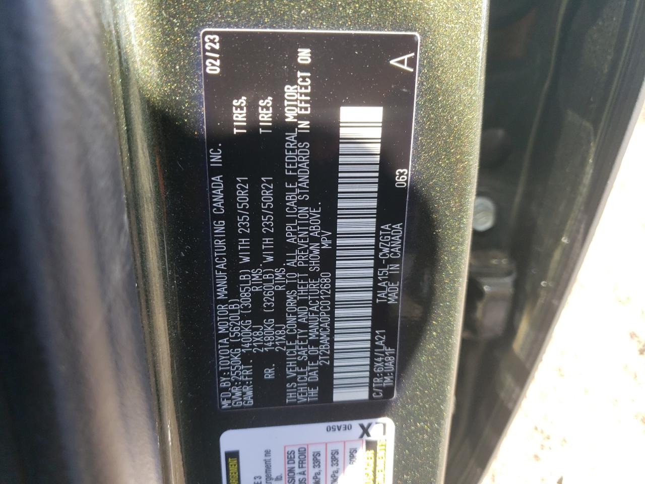 2023 LEXUS RX 350 BASE VIN:2T2BAMCA0PC012680