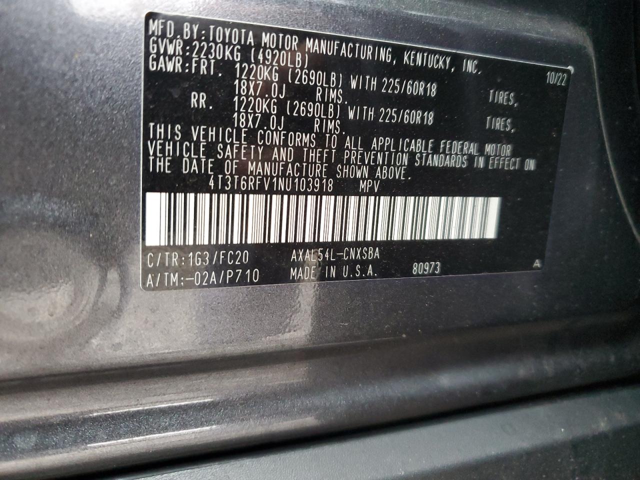 2022 TOYOTA RAV4 SE VIN:4T3T6RFV1NU103918