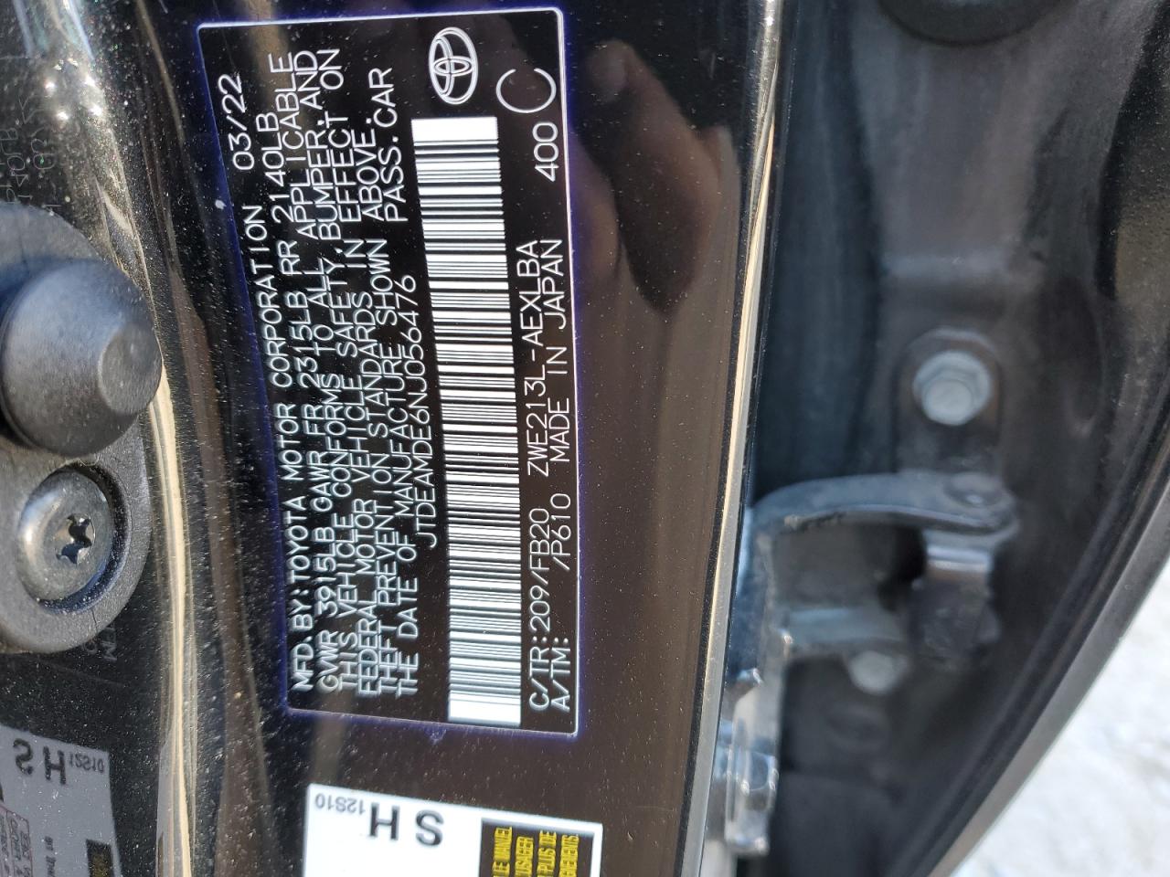 2022 TOYOTA COROLLA LE VIN:JTDEAMDE6NJ056476