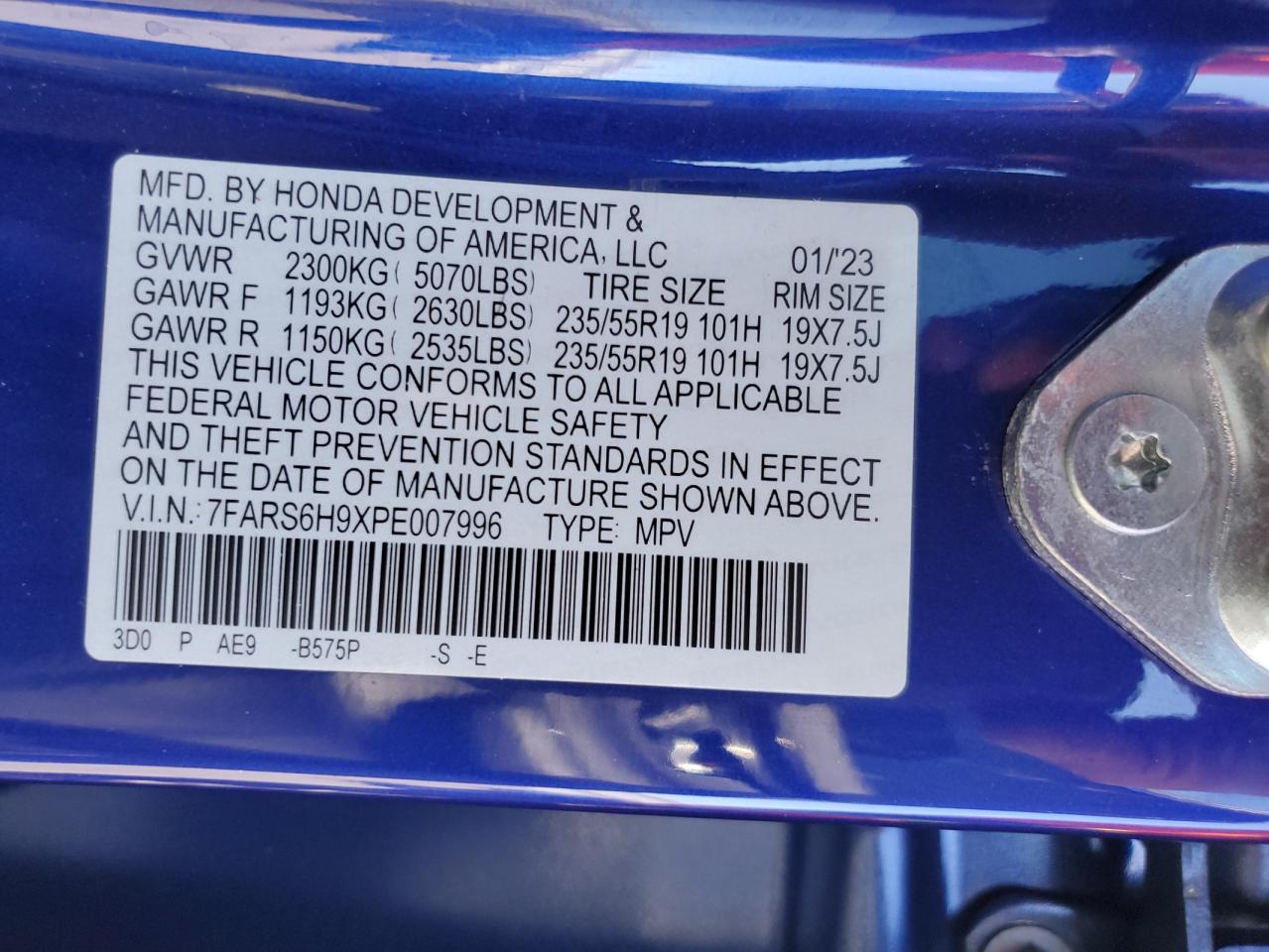 2023 HONDA CR-V SPORT TOURING VIN:7FARS6H9XPE007996