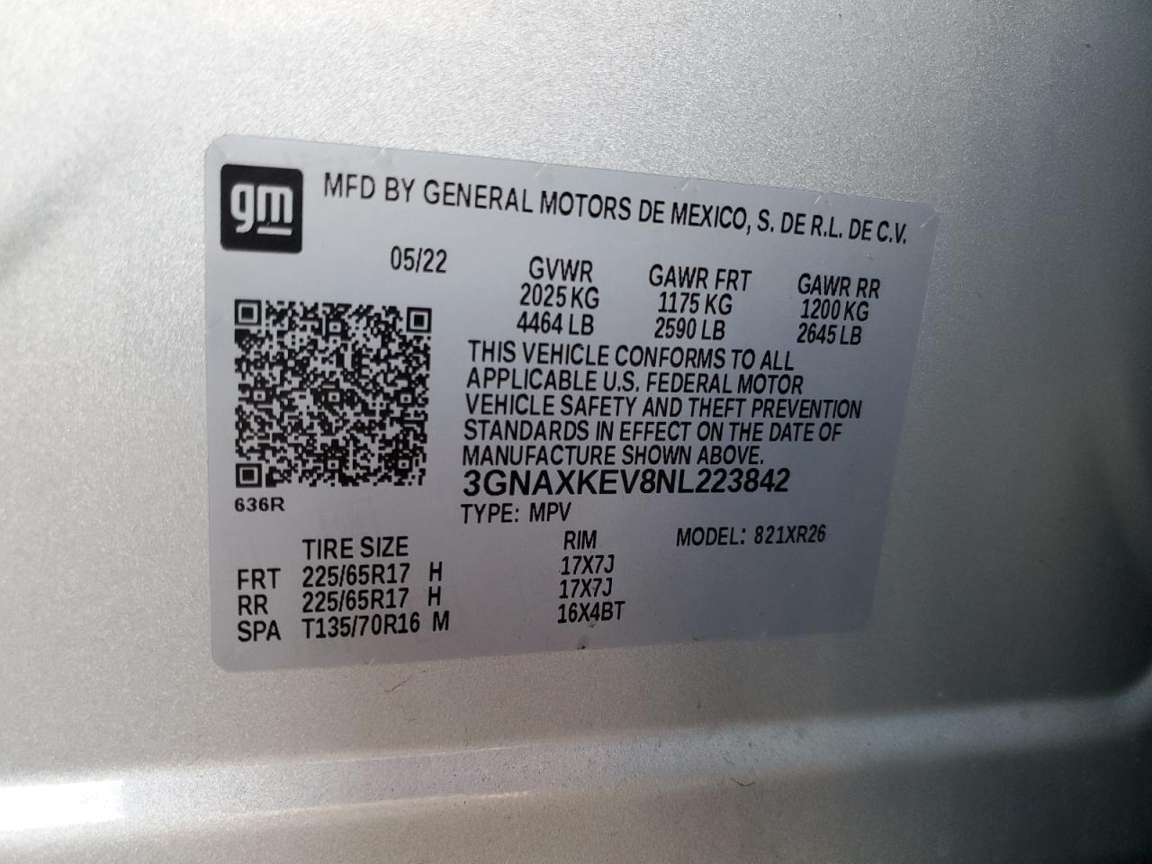 2022 CHEVROLET EQUINOX LT VIN:3GNAXKEV8NL223842