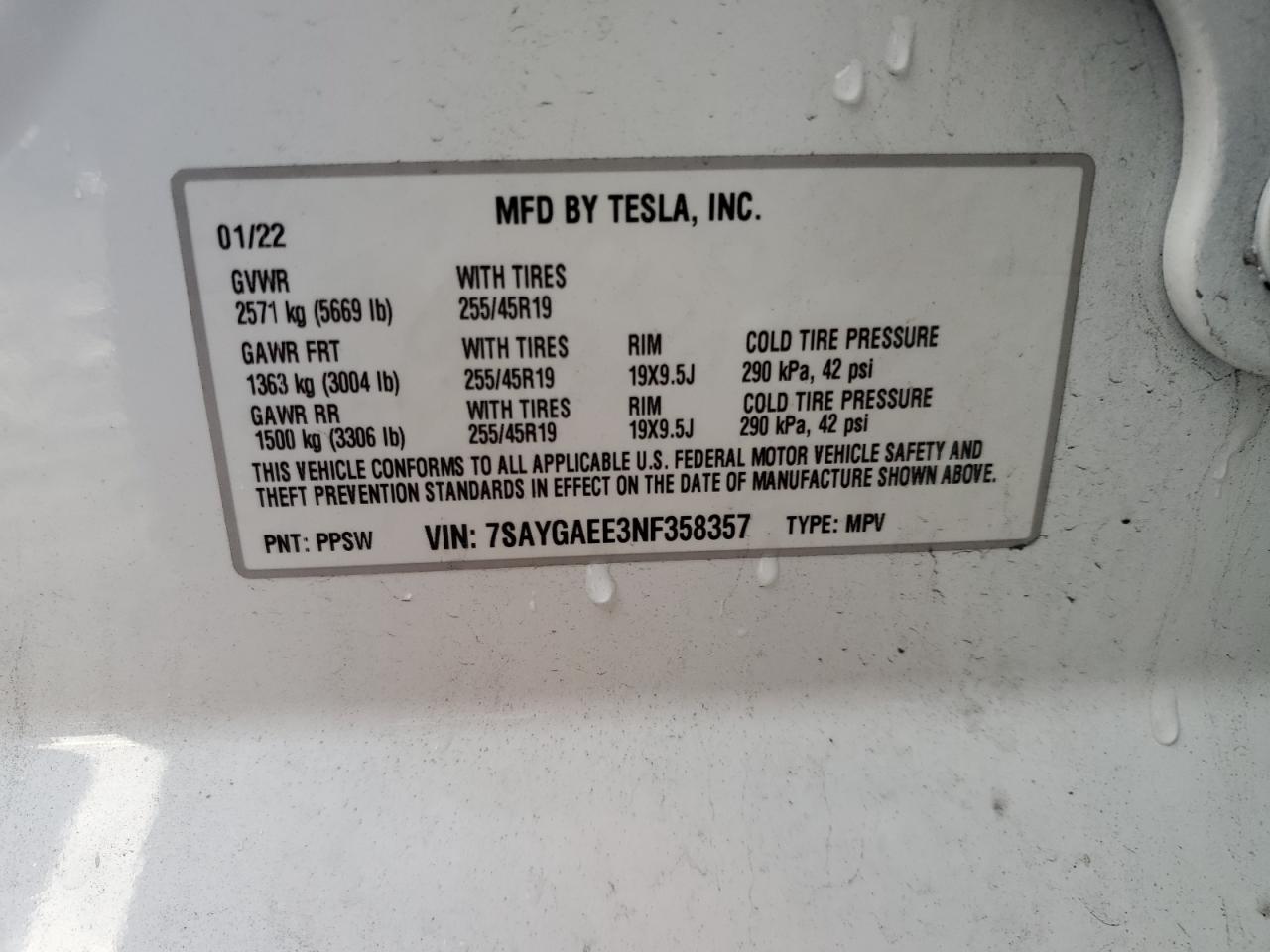 2022 TESLA MODEL Y  VIN:7SAYGAEE3NF358357