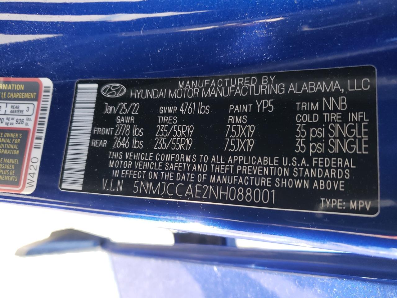 2022 HYUNDAI TUCSON SEL VIN:5NMJCCAE2NH088001