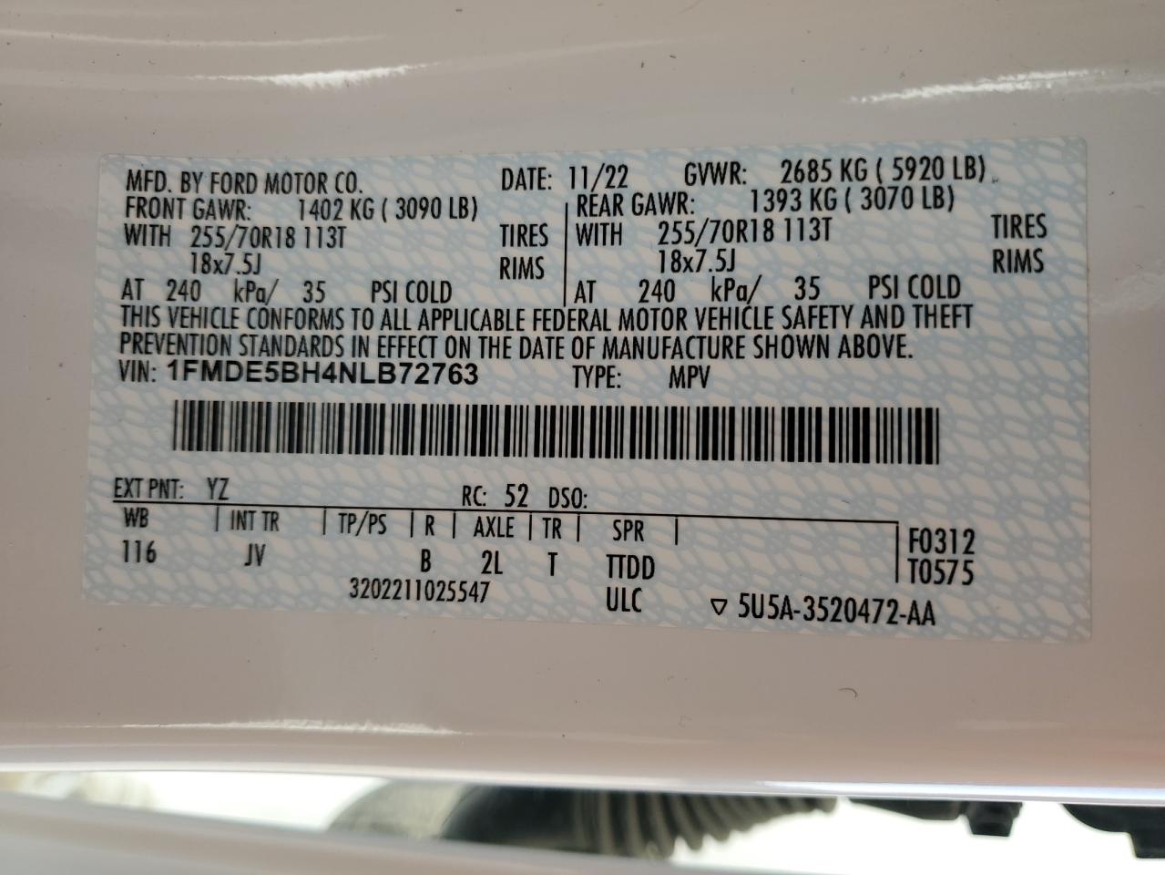 2022 FORD BRONCO BASE VIN:1FMDE5BH4NLB72763
