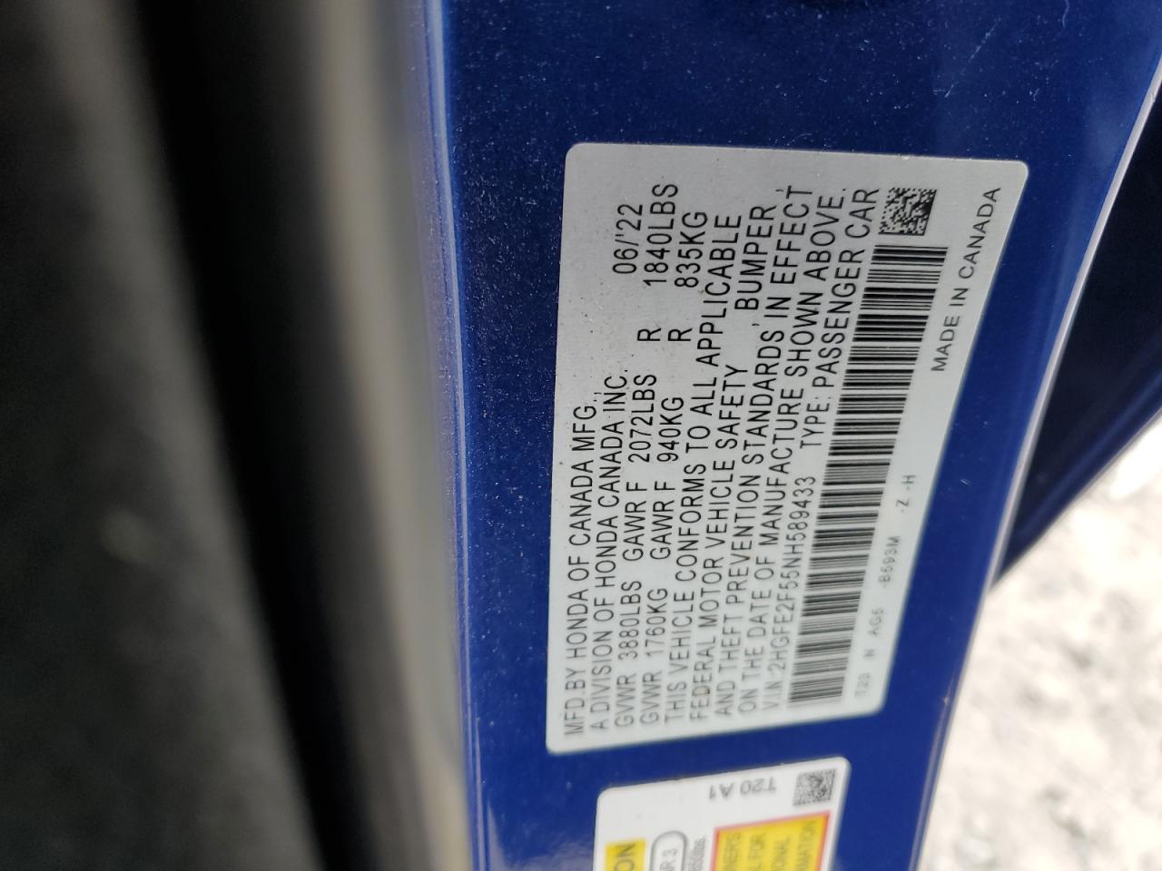 2022 HONDA CIVIC SPORT VIN:2HGFE2F55NH589433