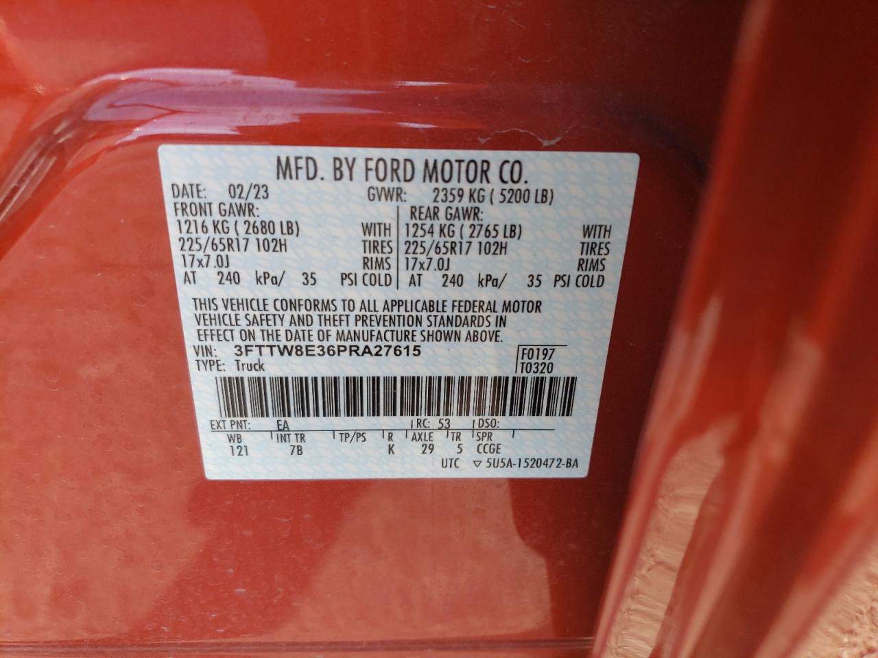 2023 FORD MAVERICK XL VIN:3FTTW8E36PRA27615