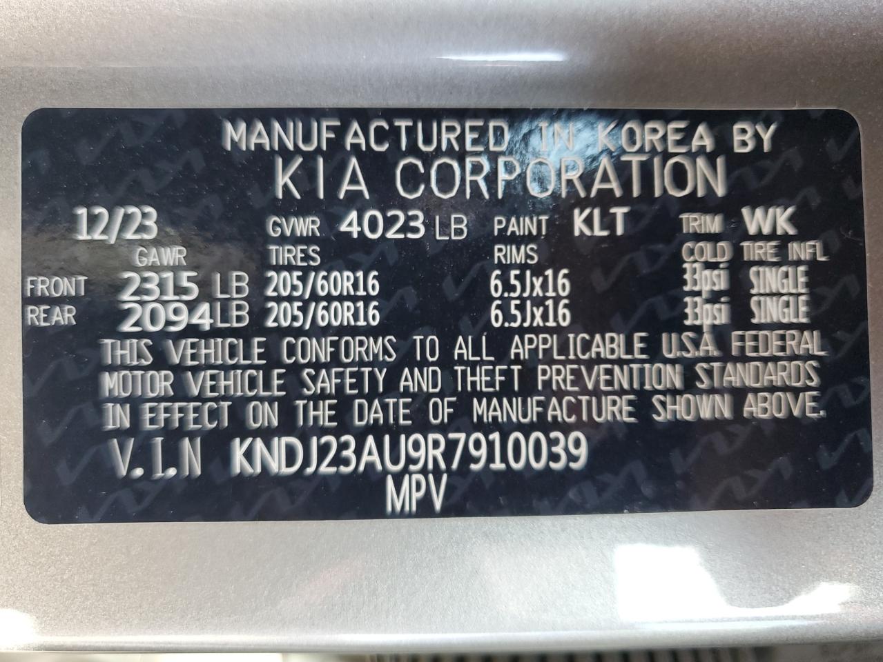 2024 KIA SOUL LX VIN:KNDJ23AU9R7910039