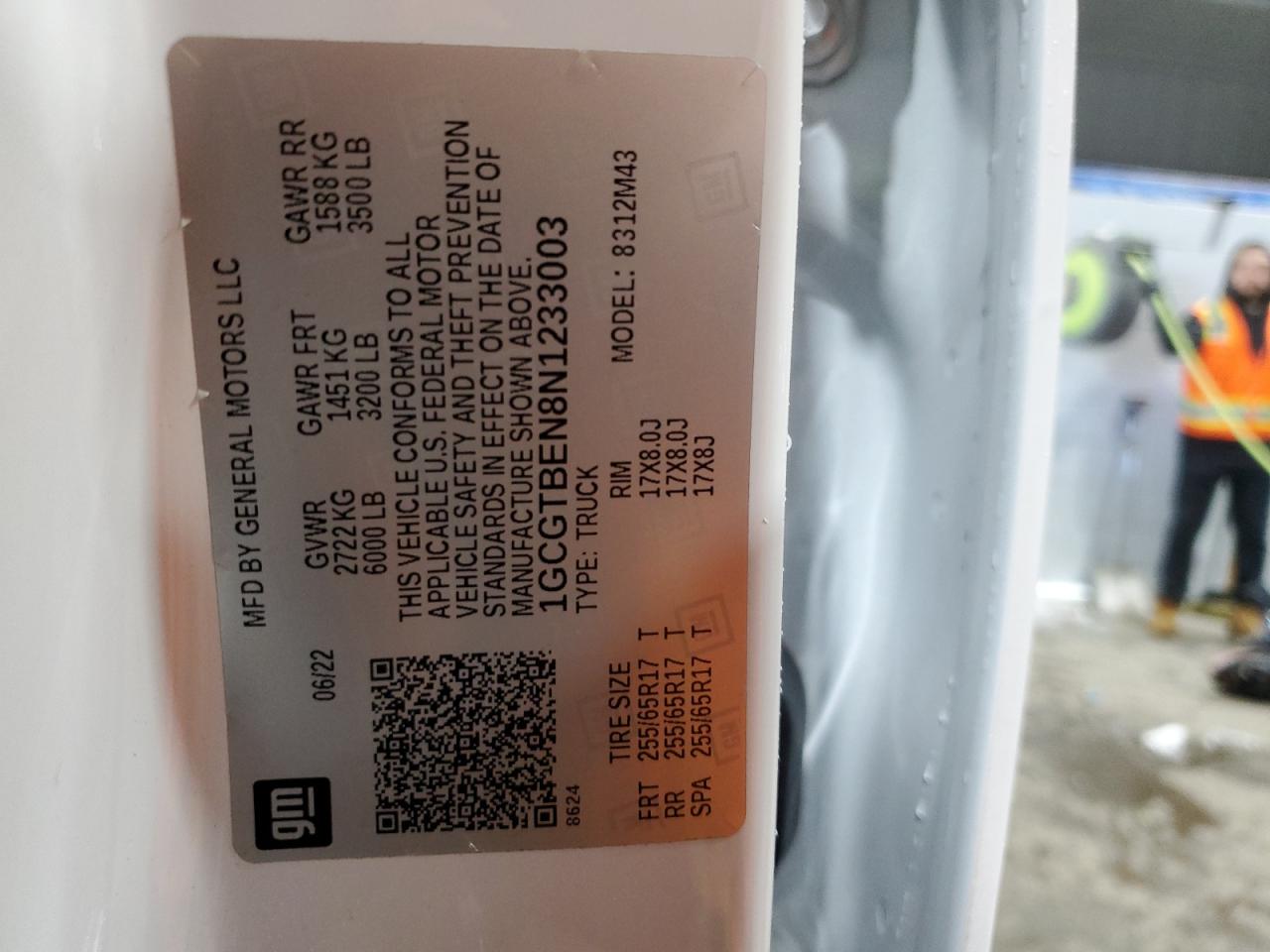 2022 CHEVROLET COLORADO  VIN:1GCGTBEN8N1233003