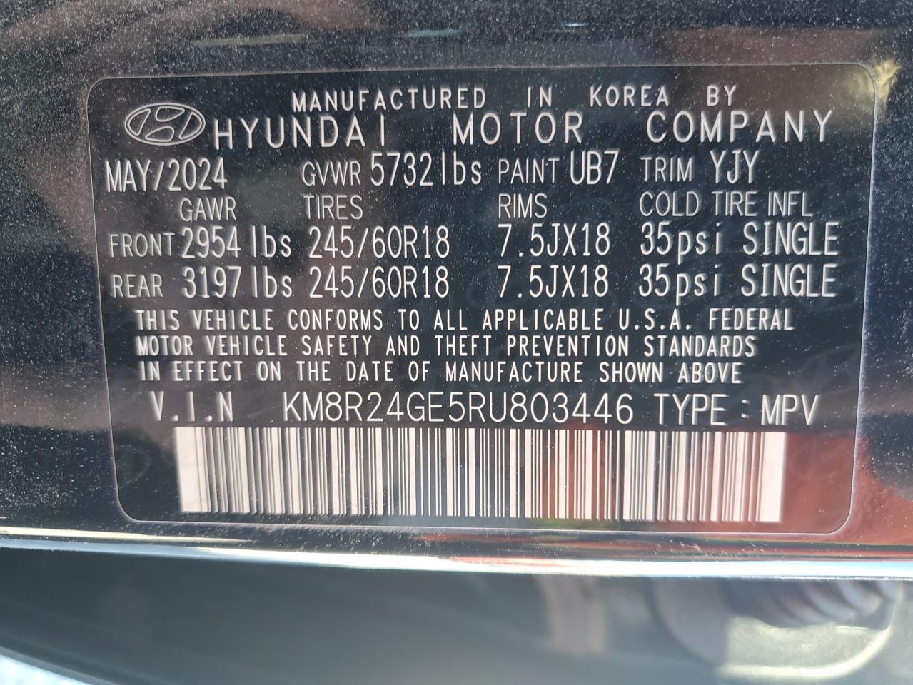 2024 HYUNDAI PALISADE SEL VIN:KM8R24GE5RU803446