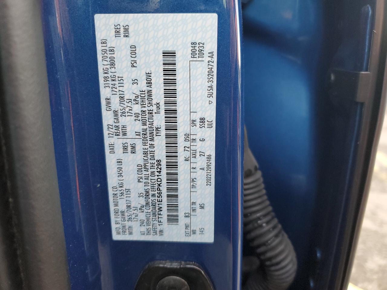 2023 FORD F150 SUPERCREW VIN:1FTFW1E56PKD14298