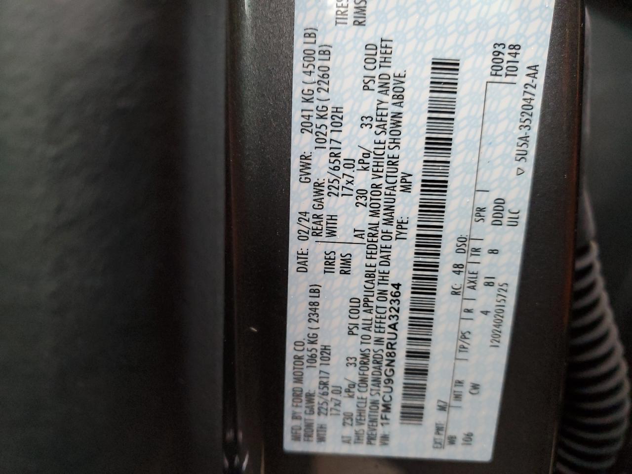 2024 FORD ESCAPE ACTIVE VIN:1FMCU9GN8RUA32364