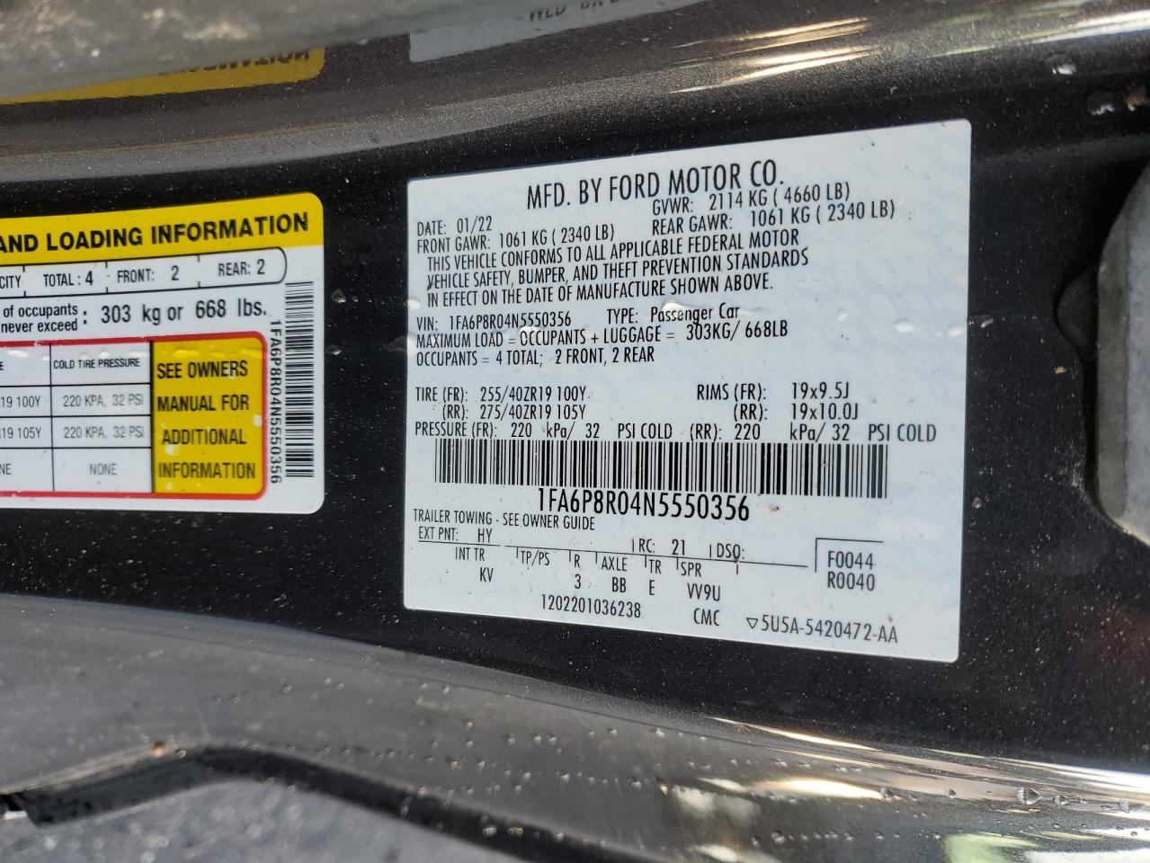 2022 FORD MUSTANG MACH I VIN:1FA6P8R04N5550356