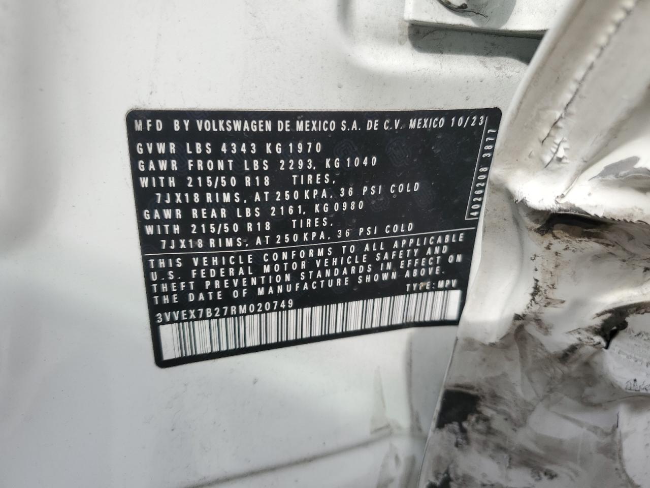 2024 VOLKSWAGEN TAOS SE VIN:3VVEX7B27RM020749