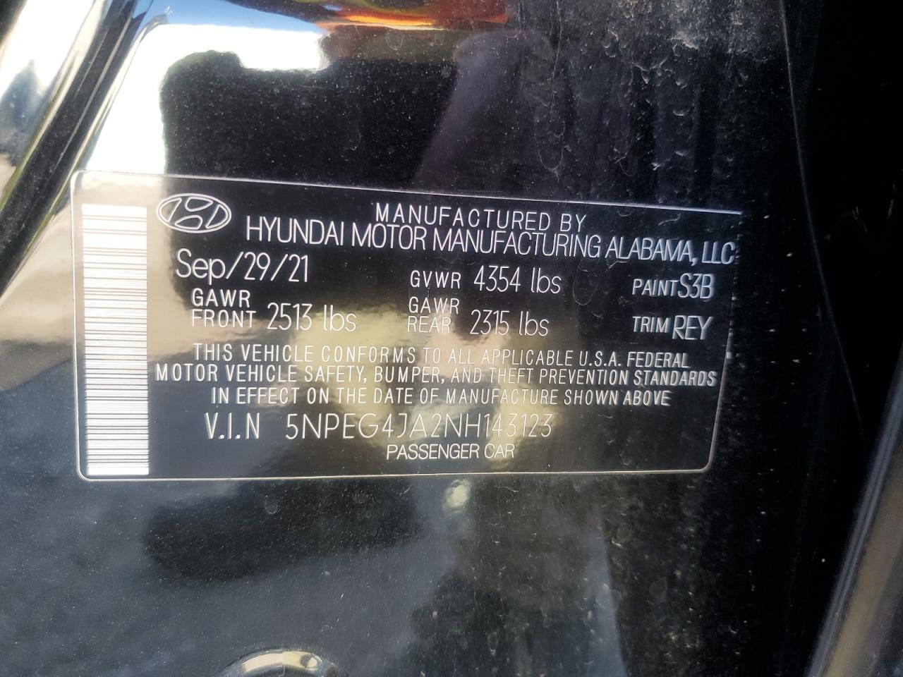 2022 HYUNDAI SONATA SE VIN:5NPEG4JA2NH143123