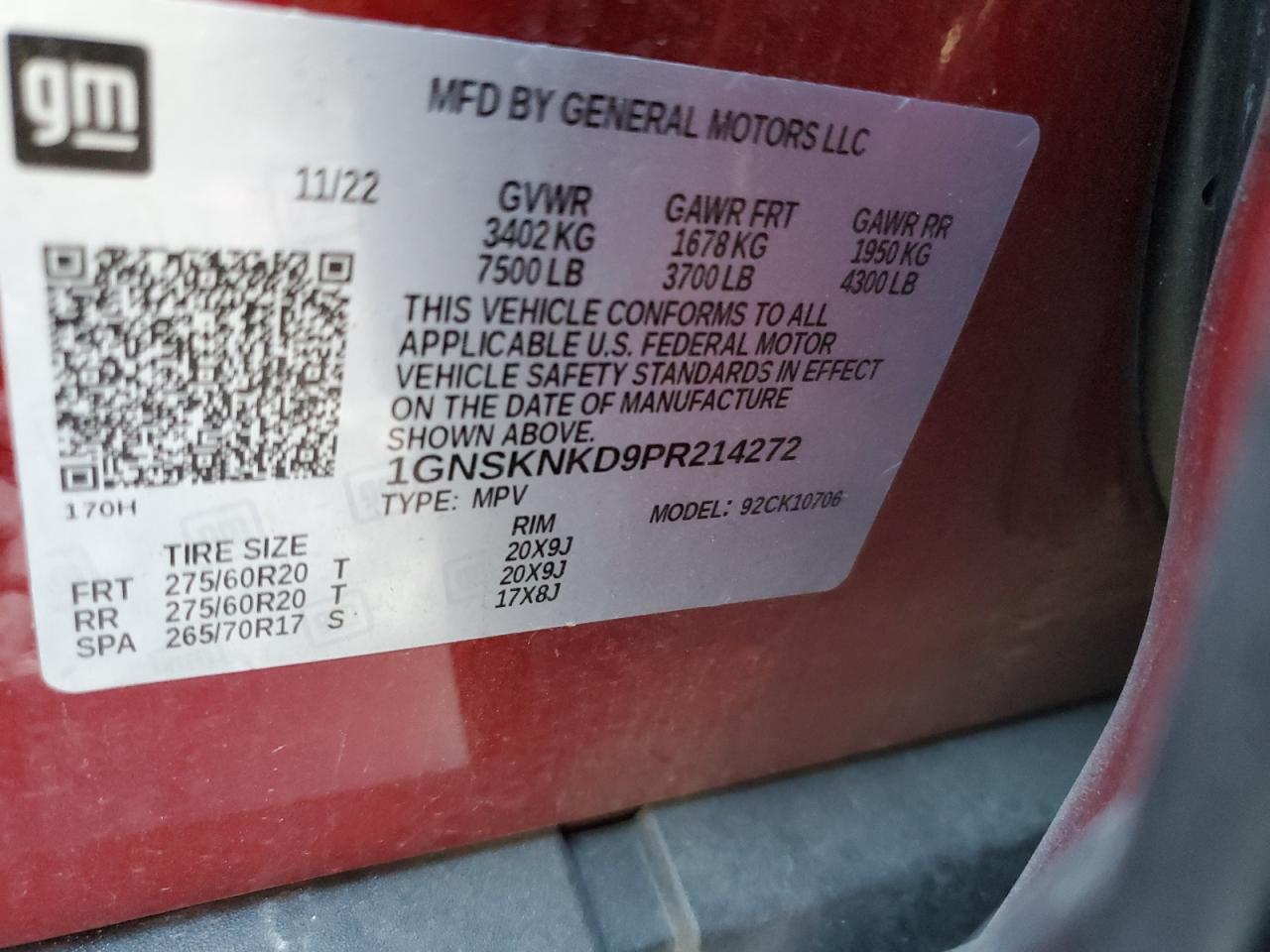 2023 CHEVROLET TAHOE K1500 LT VIN:1GNSKNKD9PR214272