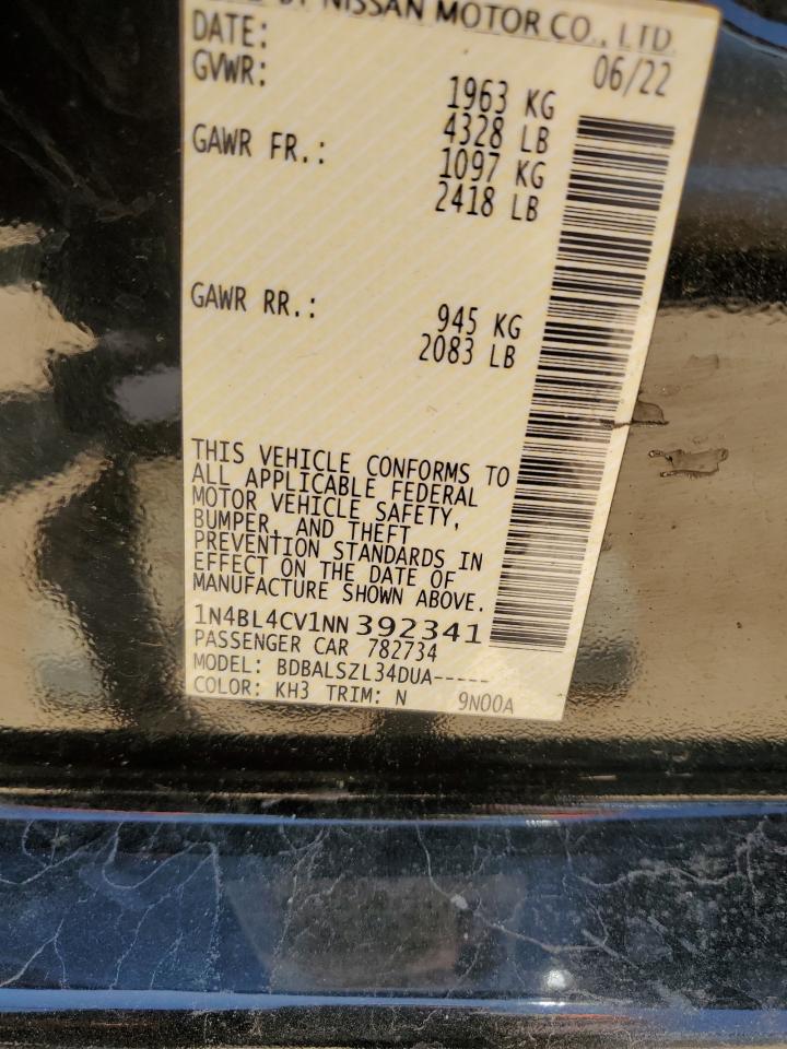 2022 NISSAN ALTIMA SR VIN:1N4BL4CV1NN392341