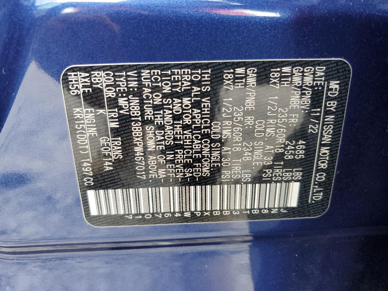 2023 NISSAN ROGUE SV VIN:JN8BT3BBXPW467017