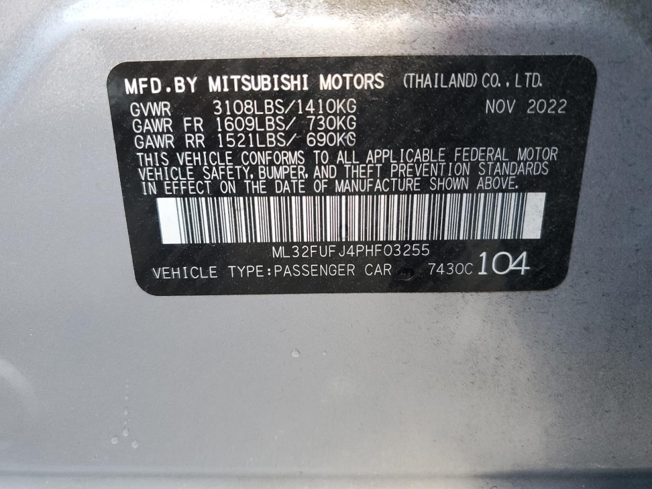 2023 MITSUBISHI MIRAGE G4 ES VIN:ML32FUFJ4PHF03255