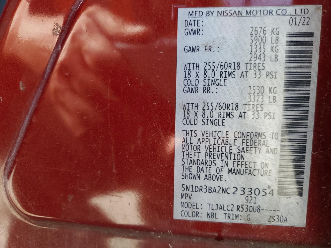 2022 NISSAN PATHFINDER SV VIN:5N1DR3BA2NC233054