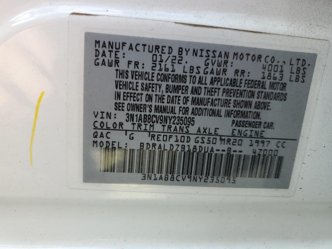 2022 NISSAN SENTRA SV VIN:3N1AB8CV9NY235095